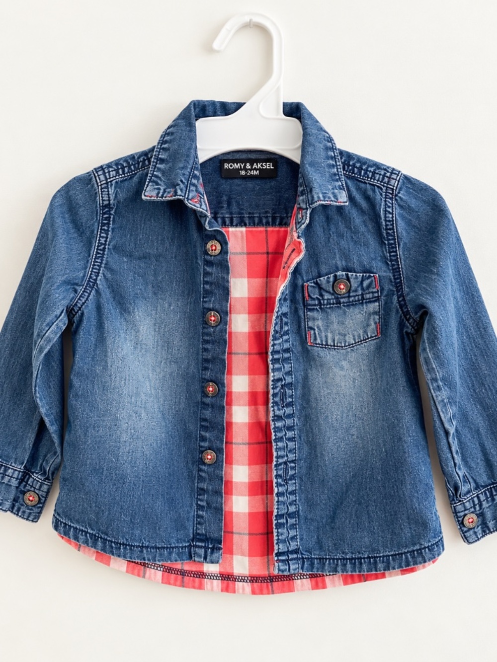 Romy & Aksel Baby Denim & Plaid Button-Up Shirt – 18 Months
